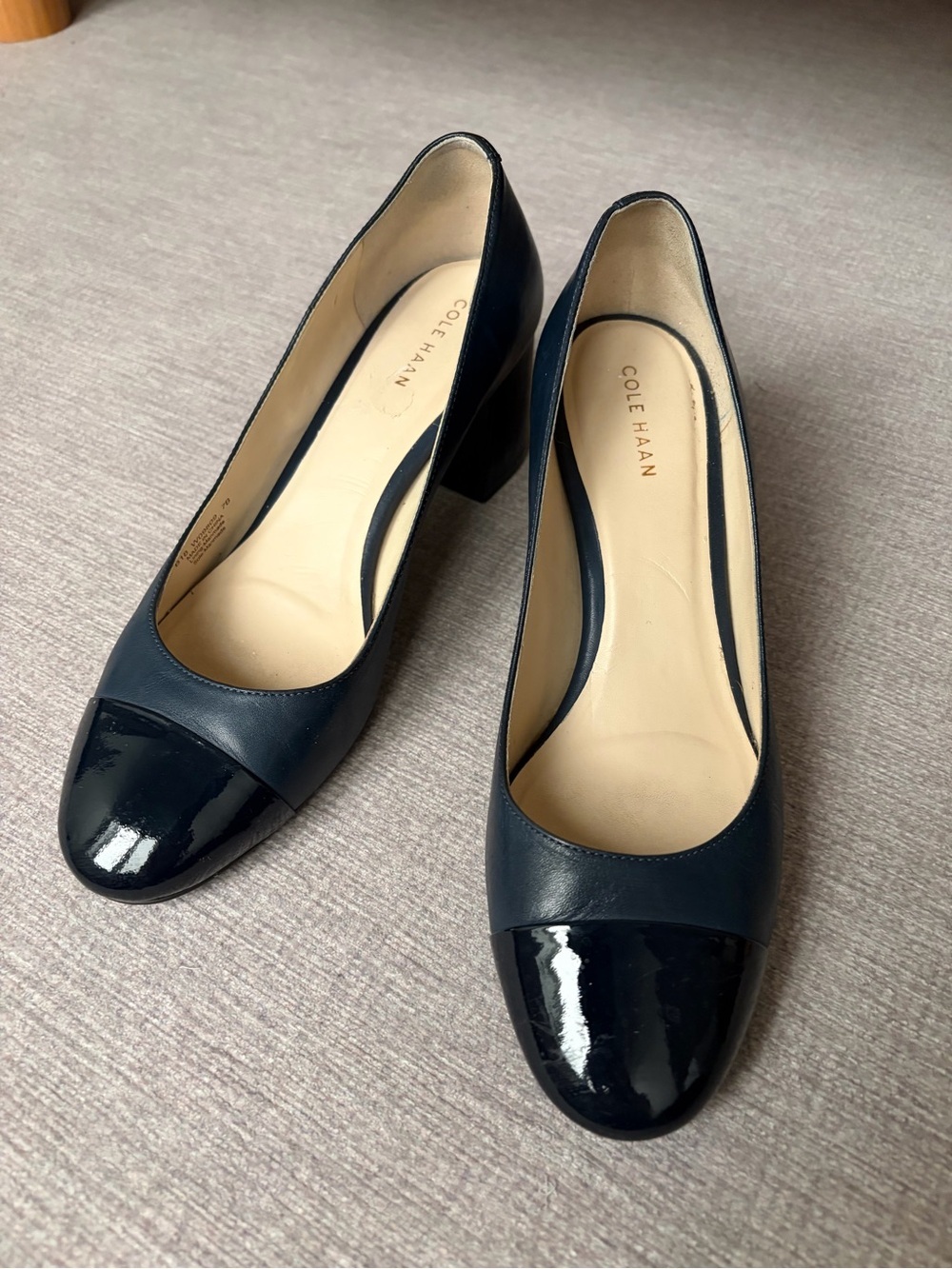 Cole Haan Navy Leather Block Heel Pumps with Patent Cap Toe, US 7